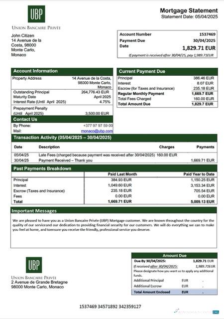 Download Monaco Union Bancaire Privée (UBP) mortgage statement Word and PDF template Photoshop template